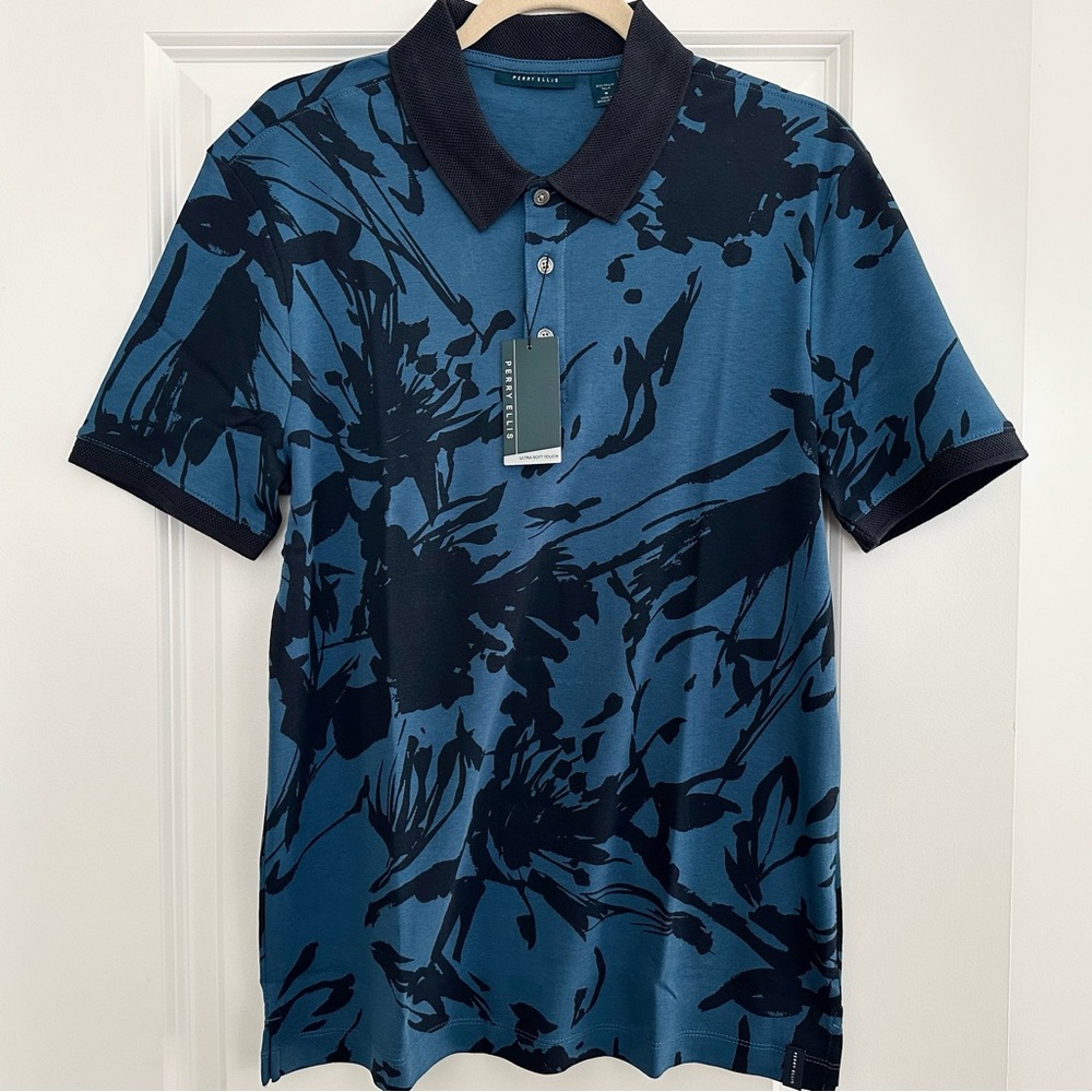 Perry Ellis Ultra Soft Touch Dark Blue Printed Polo Shirt - Golf Floral Abstract